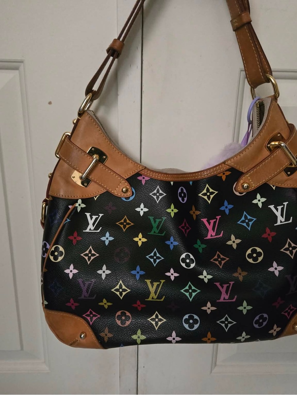 Louis Vuitton Black Multicolor Monogram Hobo with Tan Leather Trim